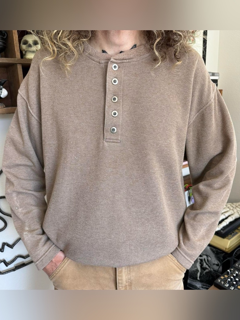 Vintage 90s 2000s Tan Henley Waffle Thermal ~ Size Large
